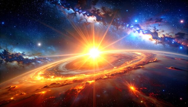 Glowing sunburst over a ringed planet in space against a backdrop of nebula clouds and stars