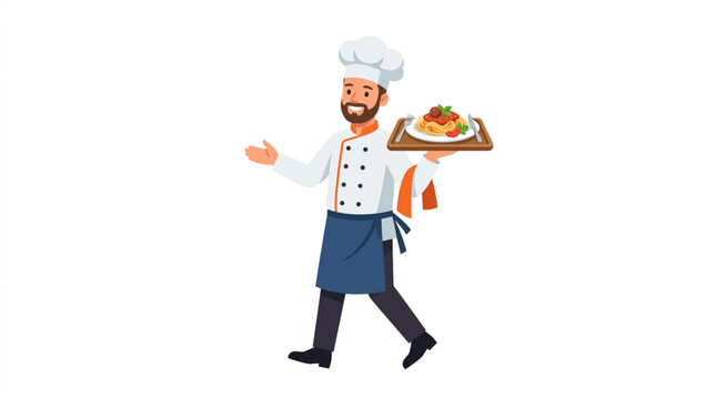 A smiling male chef in uniform confidently presents a plate of pasta, gesturing welcomingly with his other hand against a clean white background