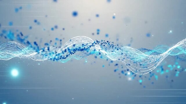 Abstract digital wave formed by glowing particles on a soft blue background