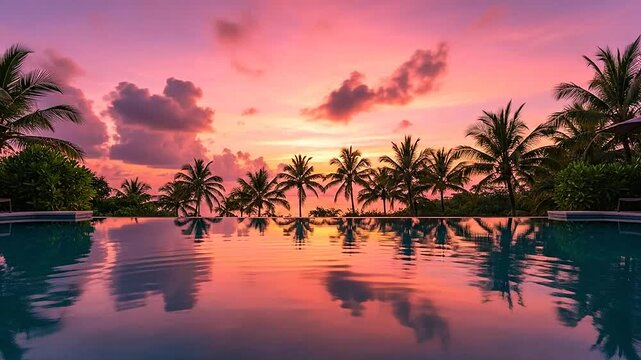 A serene infinity pool reflects a vibrant sunset sky with tropical palm trees
