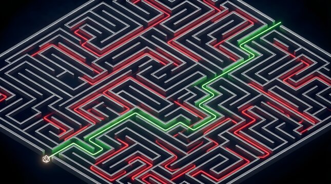 Reinforcement Learning Maze Visualization with Neon Green Optimal Path and Red Trial Routes