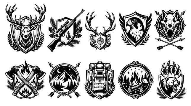 Vintage Wild Hunting and Camping Adventure Shield Emblem Vector Design