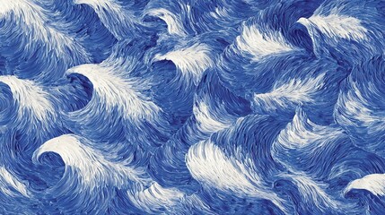 Fototapeta premium Textured seamless pattern of flowing blue and white hand-painted waves moving left to right, vivid royal blue and white rippled surface, continuous wave graphic for decorative print