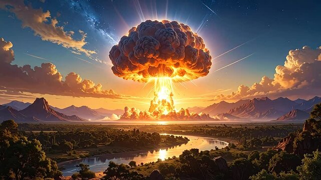 A massive fiery explosion rises above a scenic landscape at sunset