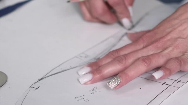 Tailor shop. Garment making. Professional seamstress erasing pencil lines on pattern. Female hand creating clothing paper model on table.