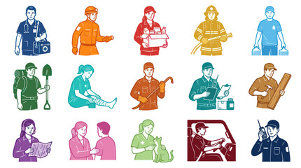 Fototapeta premium Professional People Retro Line Art Vector Illustration Set. Diverse Occupations, Essential Workers, and Industry Icons