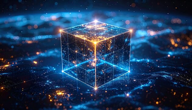 Glowing cube floats over a blurred landscape of shimmering, illuminated dots and interconnected lines