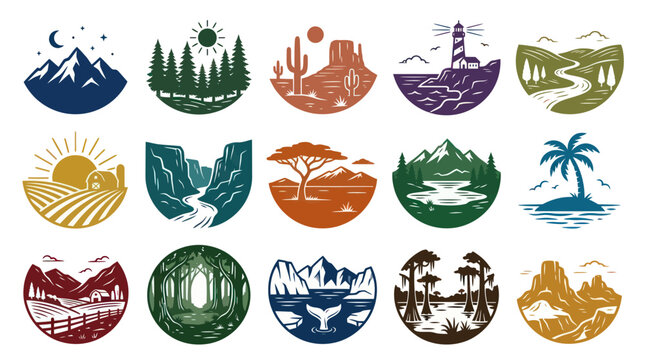 Set of 15 Vintage Landscape Icons: Mountains, Forest, Desert, Farm, Canyon, Beach, Lighthouse