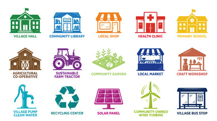 Naklejka premium Sustainable Community Icons: Village Hall, Farm, Solar Panel, Bus Stop, Flat Art