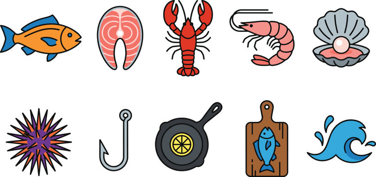 Seafood icons with cooking elements and ocean wave during bright day for culinary concepts