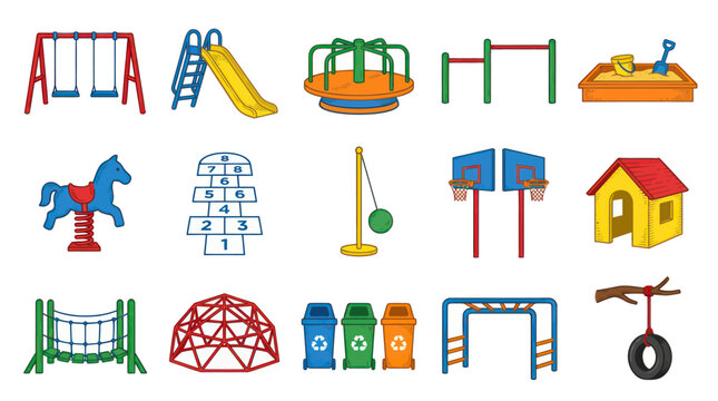 Recreation  Children's Playground Equipment Cartoon Vector Icons Collection
