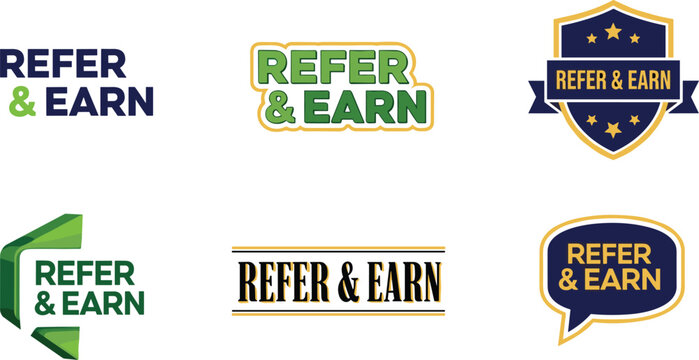 Refer and earn logos, rewards program artwork, referral scheme design, incentive marketing concept, promotional branding motif, customer loyalty theme, flat vector illustration