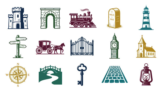 Retro Travel and Historic Landmark Vector Icon Set in Engraved Style