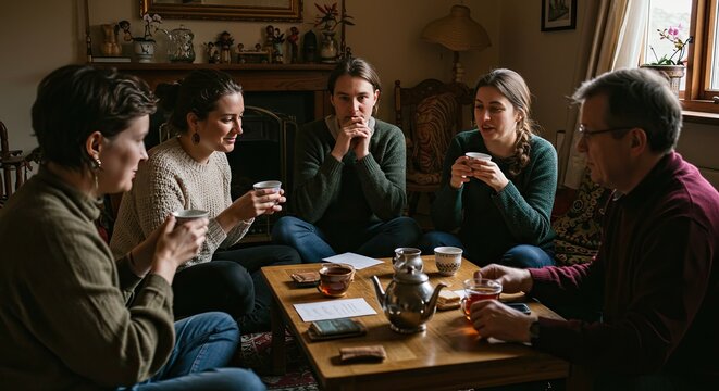 Friends laugh and chat over tea in cozy living room
