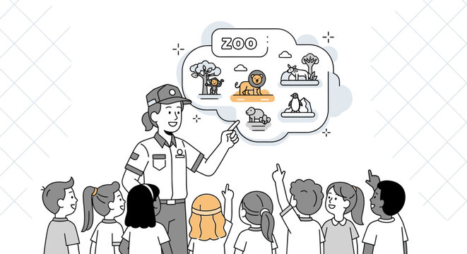 An illustration of a police officer presenting ideas to a diverse group of children with a thought bubble containing various icons.