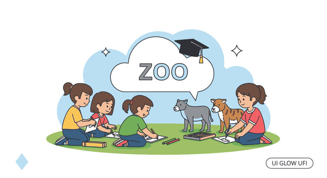 Illustration of children sitting on grass with animals, with a thought bubble containing a zoo and graduation cap, on a white background with blue accents.