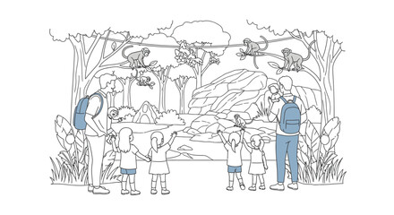 Obraz premium Line drawing of a family with two adults and three children standing in a woodland setting with trees and wildlife.