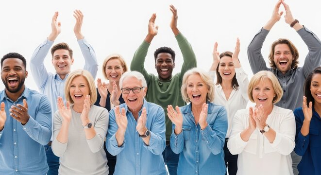 Diverse group of people cheering and clapping in celebration white background