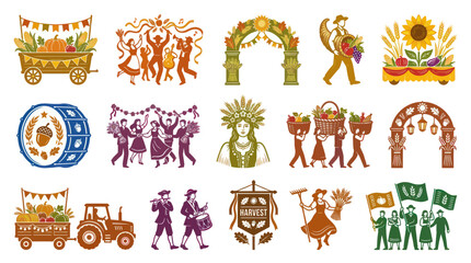 Fototapeta premium Stylized Autumn Harvest Festival Illustrations. Agriculture, Farming Traditions, and Celebration Icons.