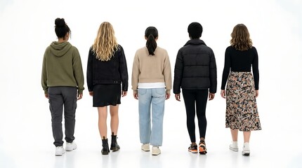 Naklejka premium Five diverse women walking away from the camera on a plain white background, showcasing various casual outfits.