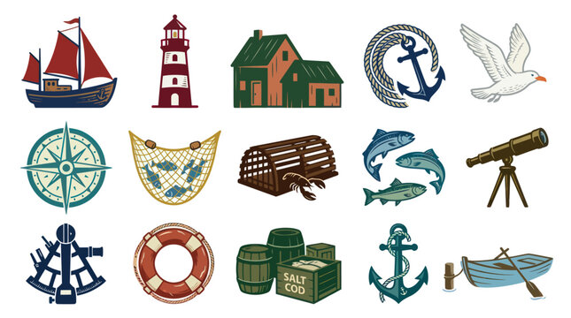 Vintage Nautical and Fishing Industry Vector Icons Set. Retro Maritime Symbols and Coastal Elements Collection Illustration.