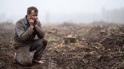 Fototapeta premium Man kneeling in the mist, contemplative and isolated.