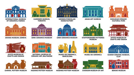 Fototapeta premium World Ceramics Pottery Museums, Factories, Cultural Parks Flat Vector Icons Collection - Art Craft Buildings