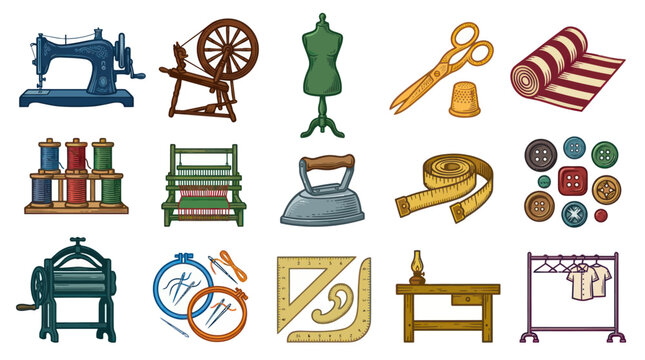 Vintage Sewing and Tailoring Tools Collection. Hand Drawn Engraved Style Icons for Textile and Craft Design.