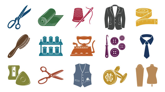 Retro Stylized Glyph Icons: Comprehensive Collection of Tailoring, Sewing, and Fashion Tools