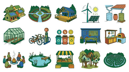 Naklejka premium Eco-friendly lifestyle illustrations: sustainable living, renewable energy, community, garden