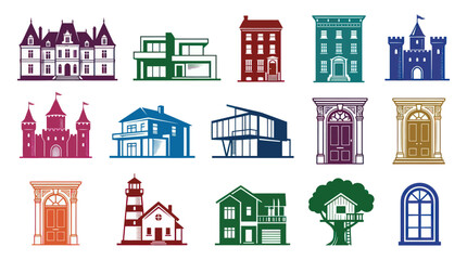 Fototapeta premium Vector Icons of Houses, Castles, Doors, Windows, Lighthouse, Treehouse