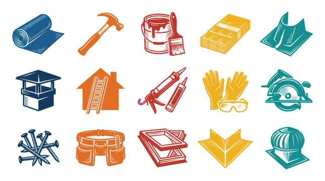 Engraving Style Roofing  Construction Icons Set: Tools, Materials  Safety Equipment