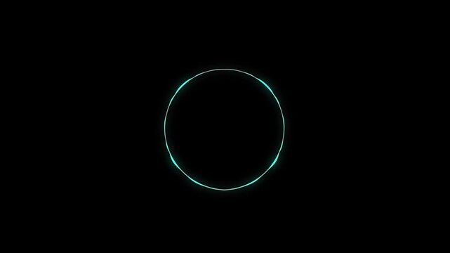 Circular audio wave animation with digital music frequency spectrum equalizer on black background.