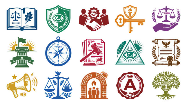 Vector Glyph Icons Set of Civic, Legal, and Ethical Principles. Collection of Government and Justice Symbols.