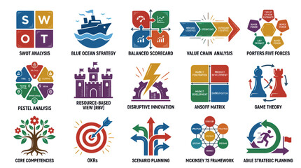Fototapeta premium Business Strategy Icons: SWOT, Blue Ocean, Value Chain, Game Theory, Agile Planning
