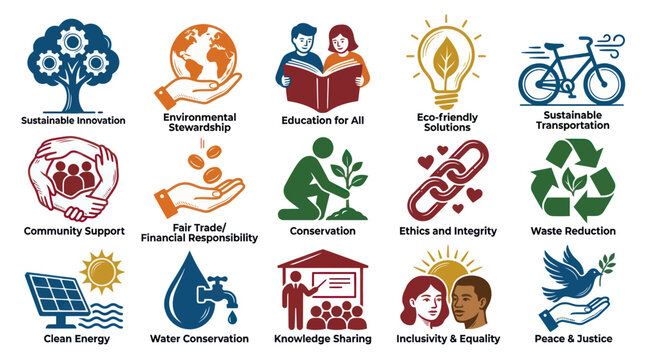 Sustainability and ESG Flat Design Icons Set. Environmental, Social, and Governance Vector Symbols Collection.