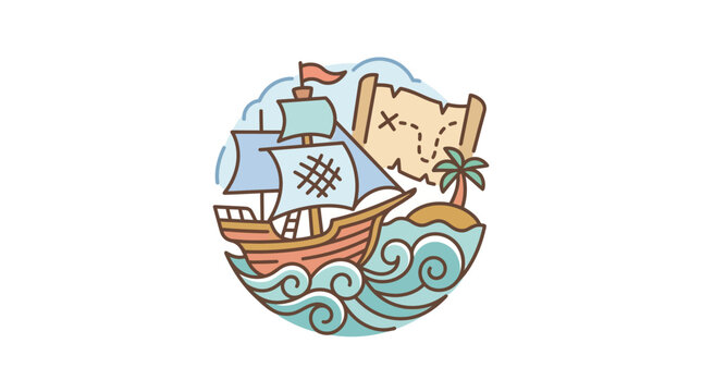 Colorful pirate ship sailing with treasure map and island