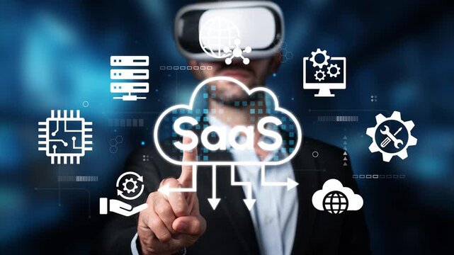 Businessman in Virtual Reality Glasses Interacting with SaaS Icons and Cloud Computing Symbols for Digital Transformation and Innovation in Technology Sector. Entropy.