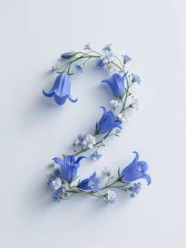 Floral number 2 made of blue and white bellflowers, fresh botanical letter design for wedding decor
