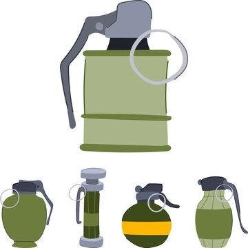 Military equipment collection displaying different types of hand grenades, featuring a range of designs in green and olive hues with a simple flat style