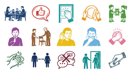 Fototapeta premium Social Distancing, Hygiene, and Behavior Icons for Public Health and Safety