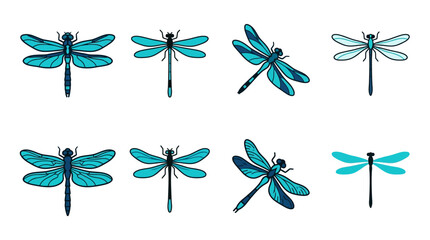 Group of colorful dragonflies flying together.