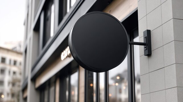 Blank round black outdoor signage mockup on a modern building wall
