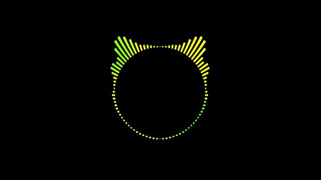 Circular audio wave animation with digital music frequency spectrum equalizer on black background.