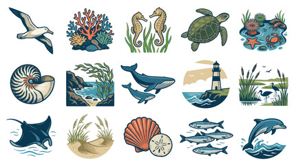 Obraz premium Vintage Marine Life and Nautical Elements Vector Illustration Set - Ocean Animals, Seascapes, Lighthouse