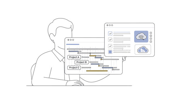 Line drawing of a man sitting at a desk with a large computer screen displaying various graphs and charts in a simple, minimalist style with a neutral color palette.
