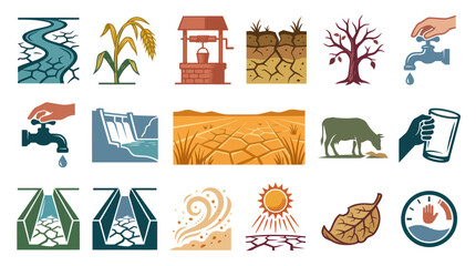 Obraz premium Drought Icons: Dry Land, Cracked Soil, Water Scarcity, Agriculture, Climate Change