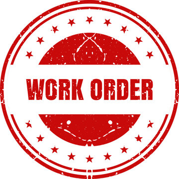 Red textured circular rubber stamp design with the words Work Order and stars in the border