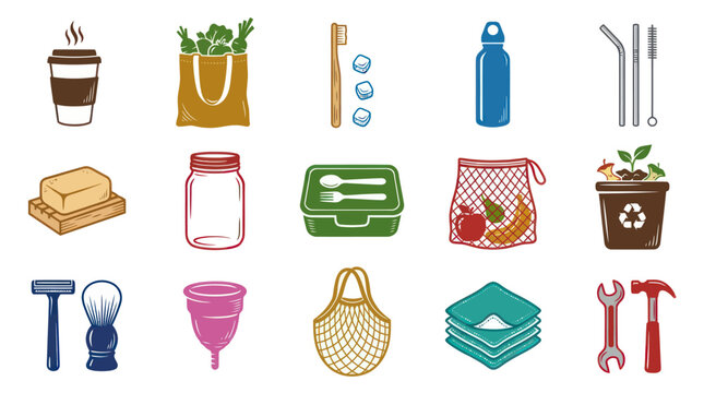 Eco-friendly Zero Waste Icons - Sustainable Lifestyle Objects, Flat Vector Art