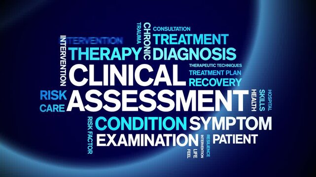 Clinical Assessment animated word cloud-text design animation tag kinetic typography seamless loop.